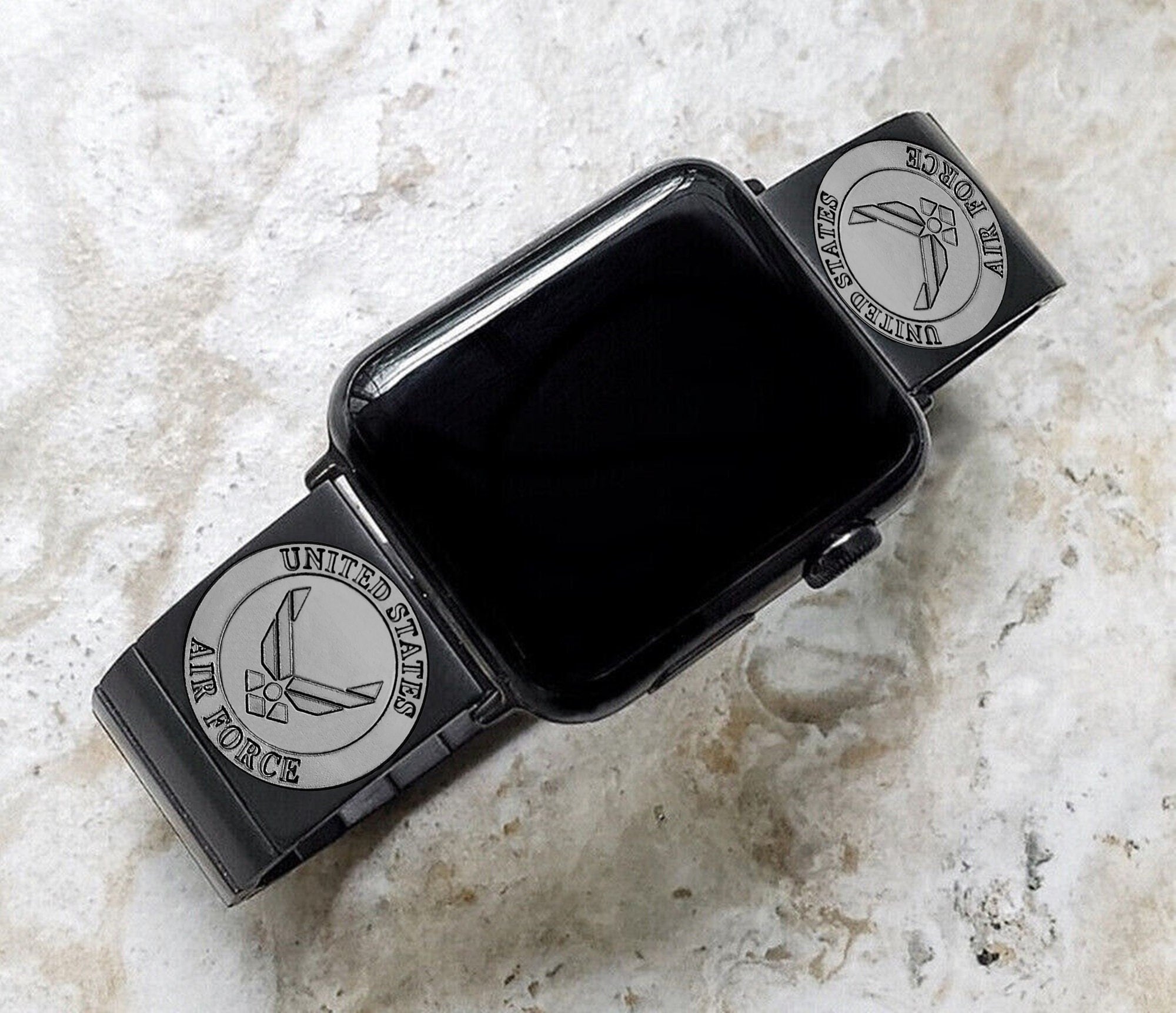 US Air Force Engraved Band Compatible with Apple Watch Ultra 2 9 8 7 SE 6 5 4 3 2 Case 38mm 40mm 41mm 42mm 44mm 45mm 49mm Black St Steel AF3